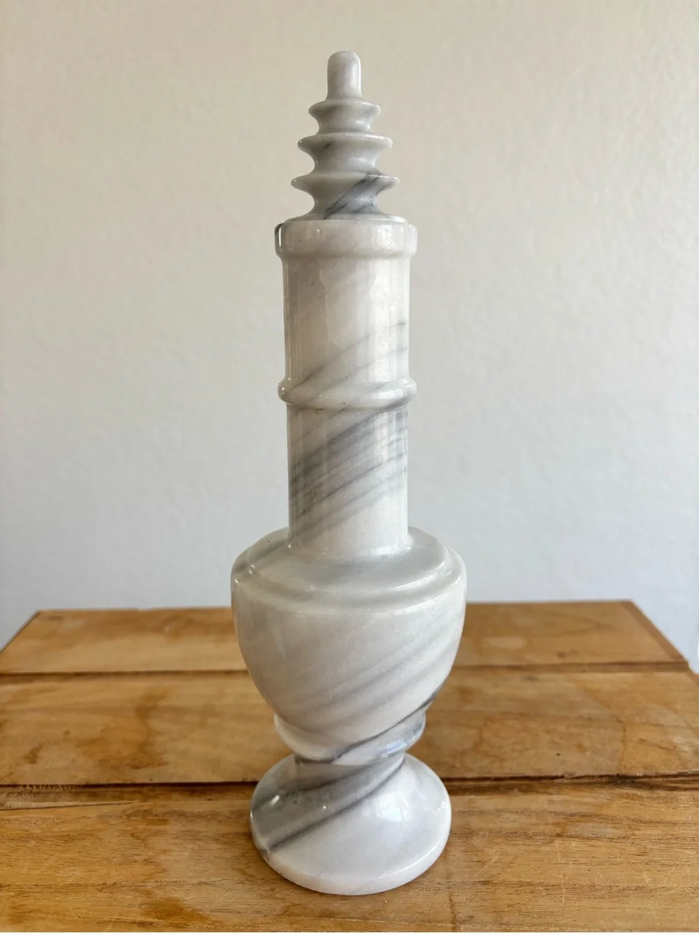 Vintage Marble Decanter Pagoda Stopper White Gray Stone Barware MCM Genie Bottle